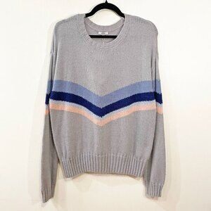 Rails Light Gray Crewneck Sweater with Blue and Peach Chevron Stripes
